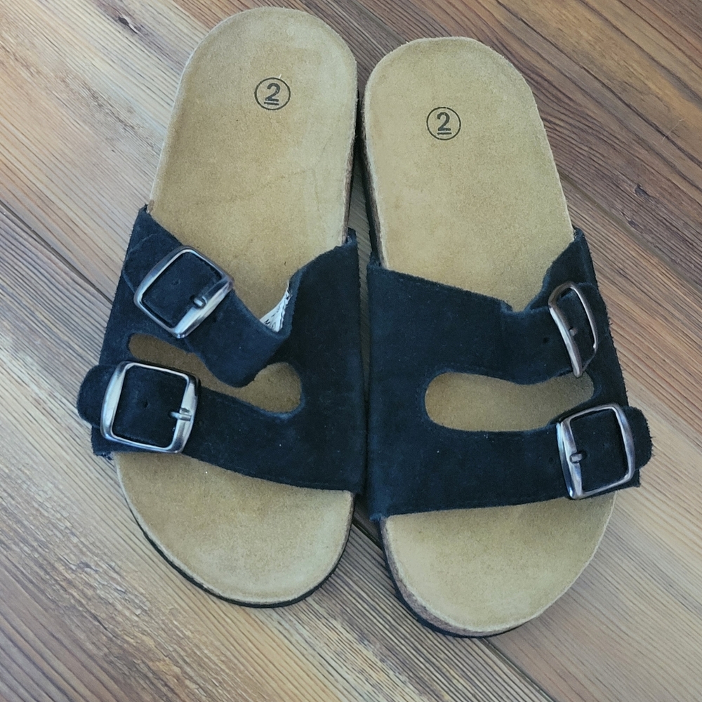 Girls Black Suede Leather Slip On Sandals Size Youth 2
